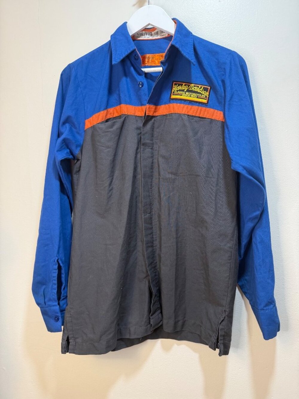 Harley Davidson Mens Colorblock Faded Distressed Blue Collar Work Shirt Red Kap